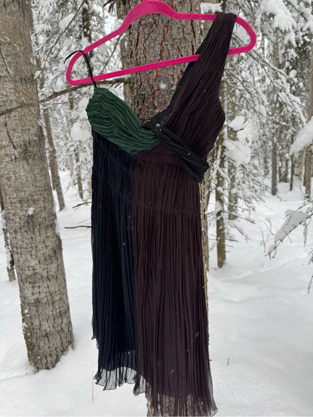 Prada 2005 SS Green, Brown and Black Pleated One-Shoulder Dress - 100% Silk